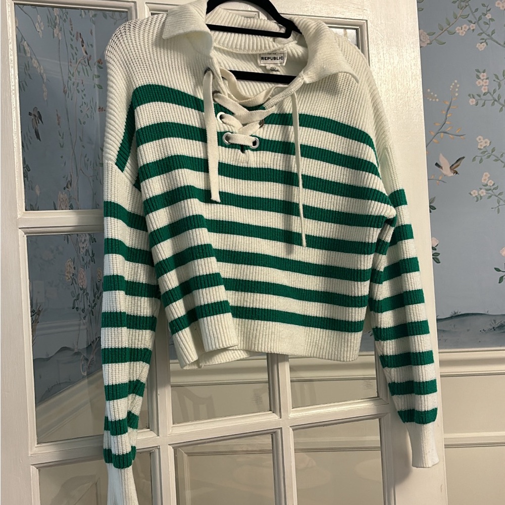For The Republic Green and White Cowl Neck Sweater with Stripes
